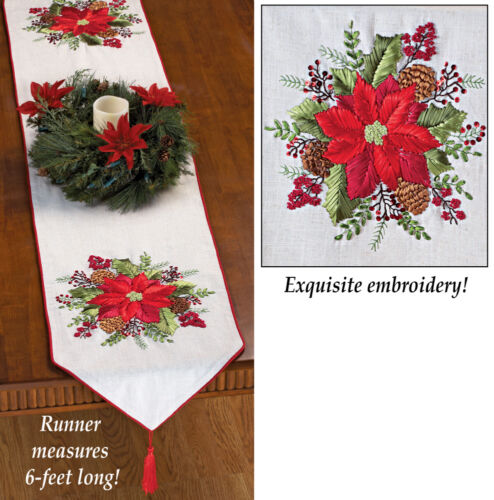 Gorgeous EMBROIDERED POINSETTIA CHRISTMAS Table RUNNER With Accents, NEW! - 第 1/1 張圖片