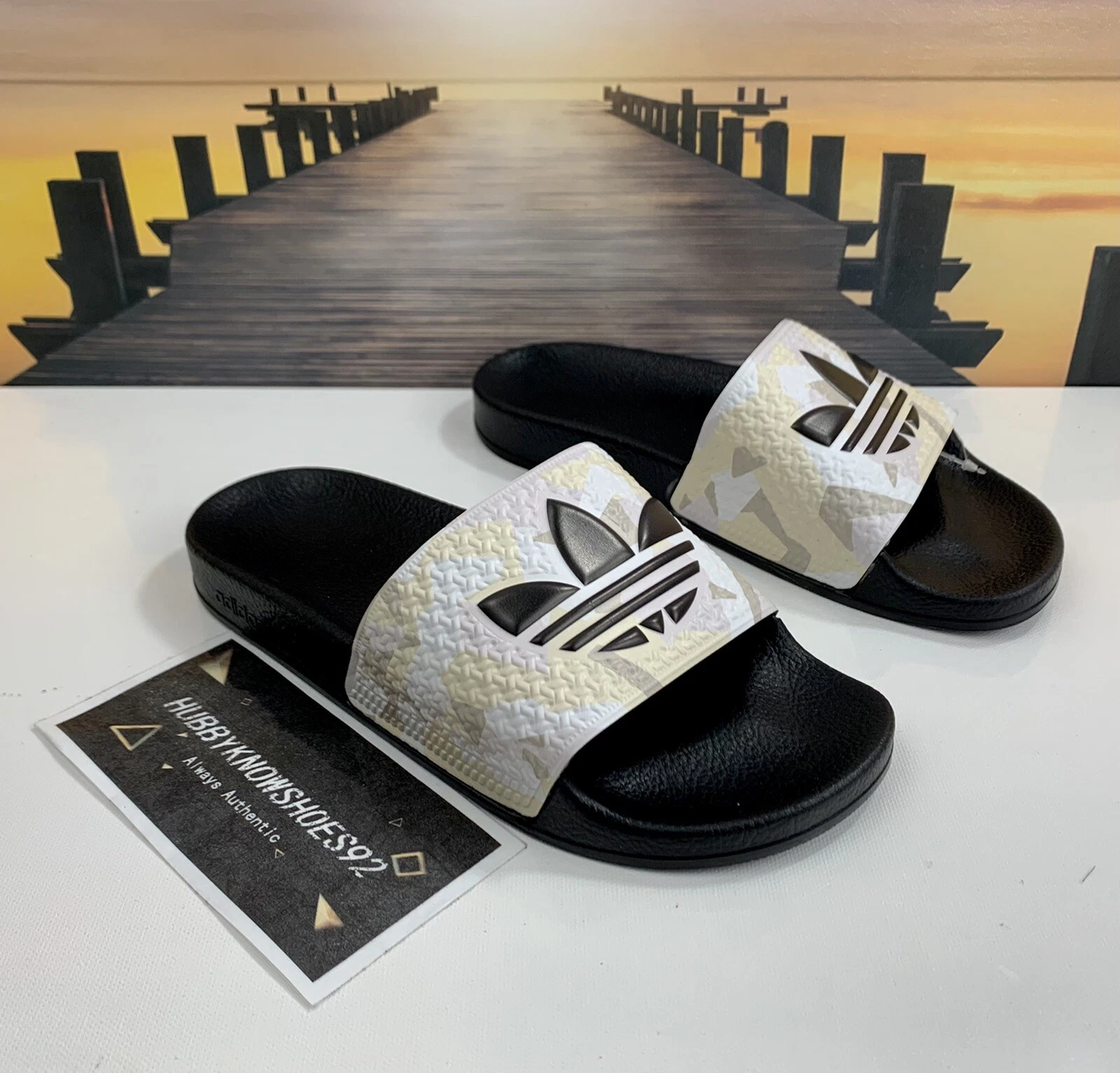 Adidas Adilette Slides uomo taglia 13 stampa mimetica nera sabbia FW4391 Made in Italy
