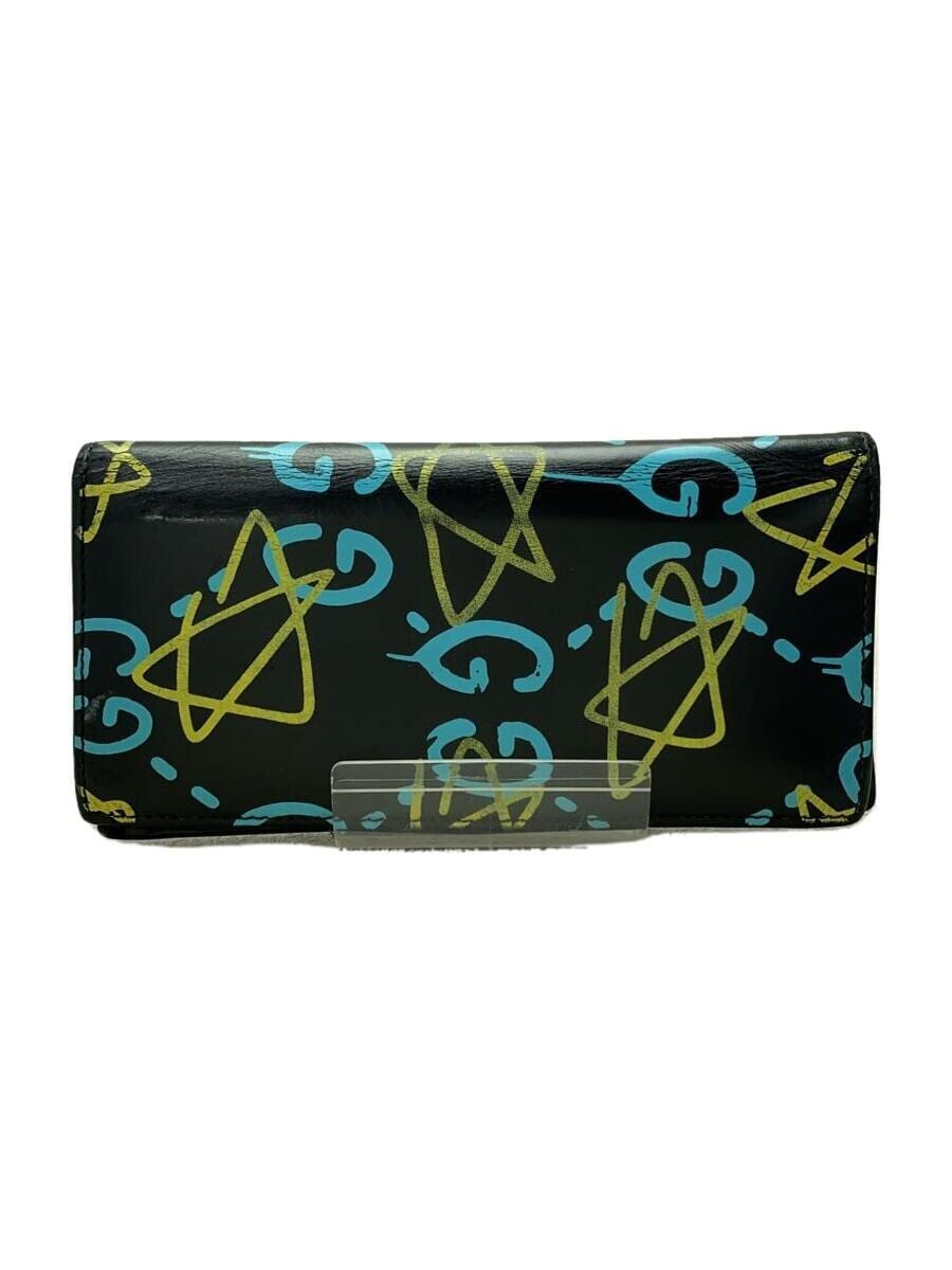 Gucci Black Leather Bifold Long Wallet w/Blue/Yellow GG Star Print