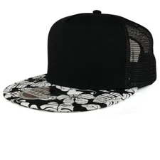 Hawaiian Floral Printed Flat Bill Trucker Mesh Snapback Cap - FREE SHIPPING