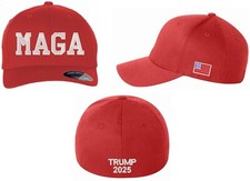 Trump 2025 Hat MAGA with Trump 2025 and Side USA Flag Flex Fit Red or Black Hat