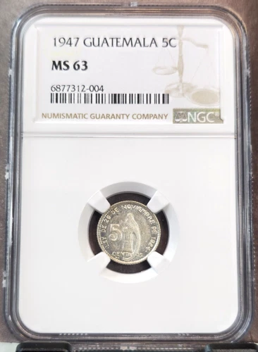 1947 GUATEMALA SILVER 5 CENTAVOS QUETZAL BIRD NGC MS 63 SCARCE BEAUTIFUL COIN
