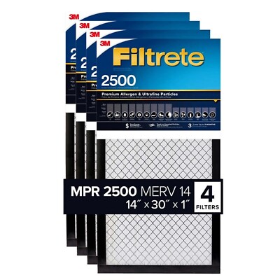 Filtrete 3M MPR 2500/Merv 14 HVAC Air Filter Reduce Dust Bacteria Viruses 4-Pack