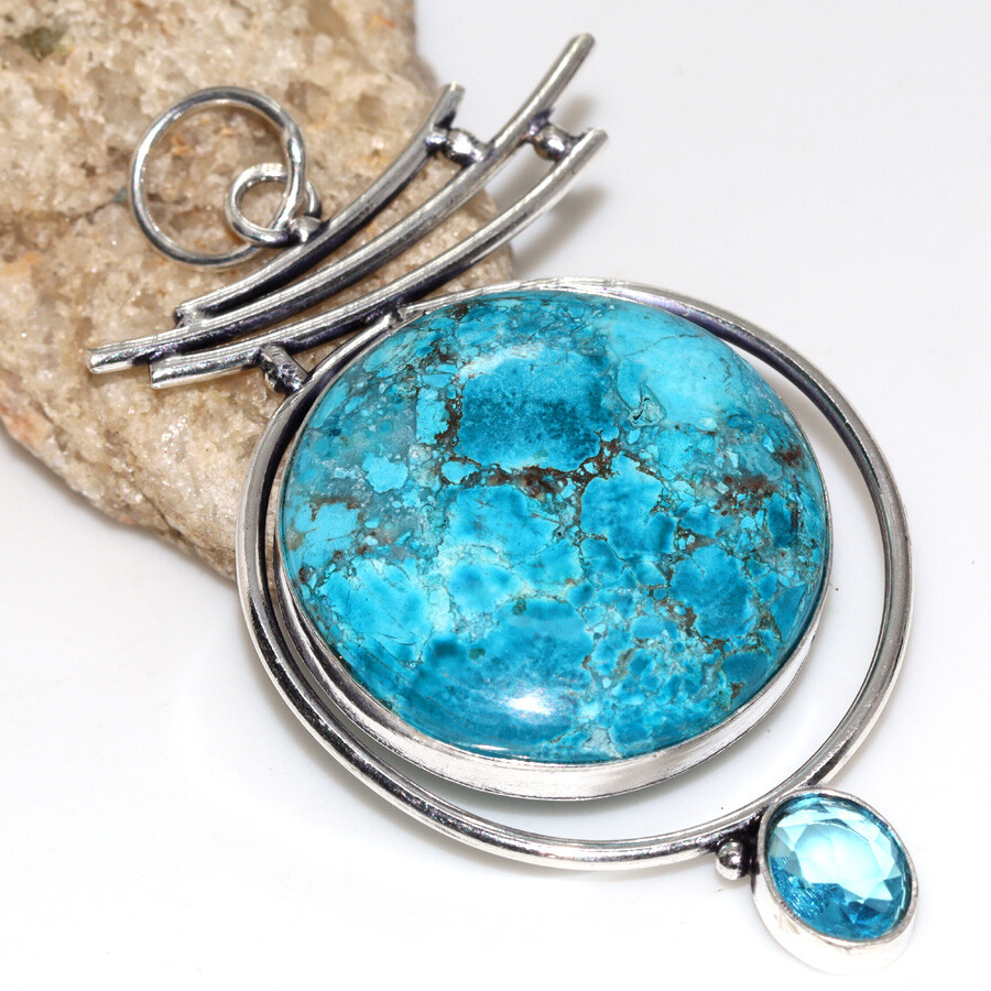 925 Silver Plated Turquoise Blue Topaz Long Pendant Jewelry Size 2.6