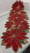 Christmas Beaded Table Runner Red Poinsettias 36" x 13" NOS