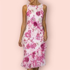 Vtg Y2K Midi Dress Pink White Floral Sheer Ruffle Fairy Coquette Sz 7 Ethereal