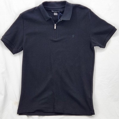 French Connection Mens M Quarter Zip Polo Shirt Black Ribbed Cotton 56ZMN