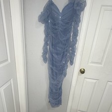 Fashion Nova Blue Solid Ruched Tulle Ruffle Sweetheart Bodycon Long M