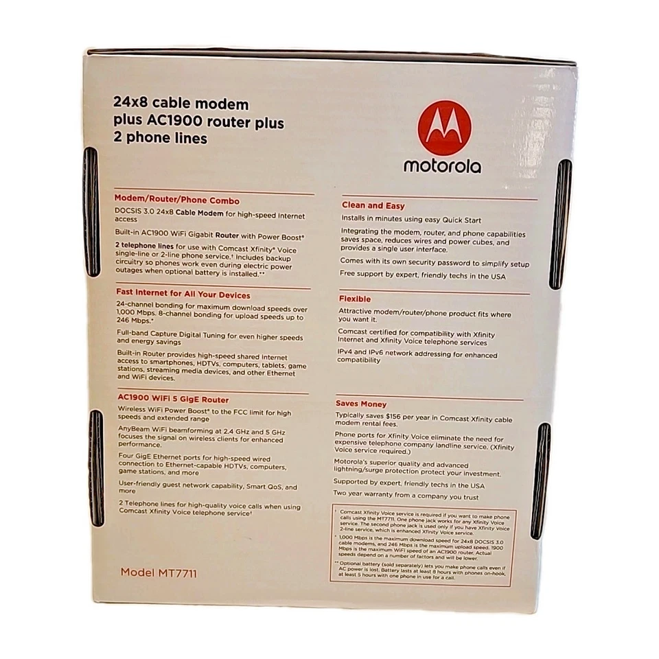 New Motorola 24x8 Cable Modem + AC1900 WiFi Router + 2 Phone Lines | Read Descr. - Image 2 of 4
