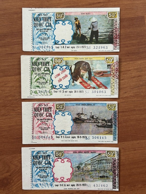 So. VIET NAM CONG HOA: 1973 - Four Different Old Lottery Tickets - RARE - Waterm