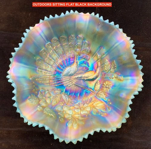 NORTHWOOD AQUA OPAL TIPS ONLY “PEACOCKS” CARNIVAL GLASS BOWL – NICE!!!