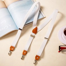 White Suspenders Straps Elasticated Non-slip 3 Clips Nylon Leather Y-shape 2.5mm