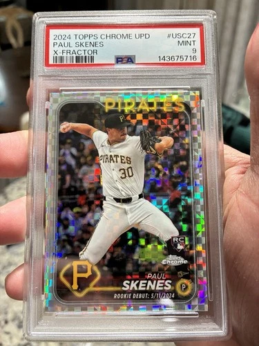 Graded 2024 Topps Chrome UPD Paul Skenes #USC27 XFractor RC Baseball Card PSA 9