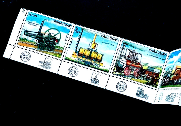 PARAGUAY Stamp Strip - 1972 Railroad Train Locomotive Set r4