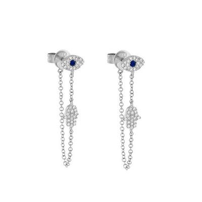 Blue Evil Eye Protection Hamsa Hand of Fatima Dangle Drop Earrings for Silver