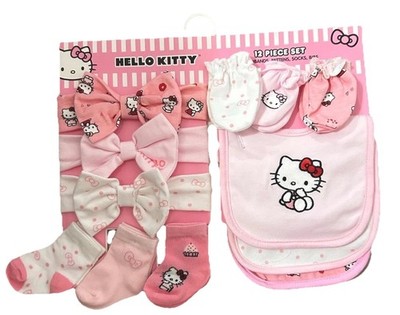 Hello Kitty 12 Piece Baby Set 0-9 Months Pink Socks Bibs Mittens Headbands