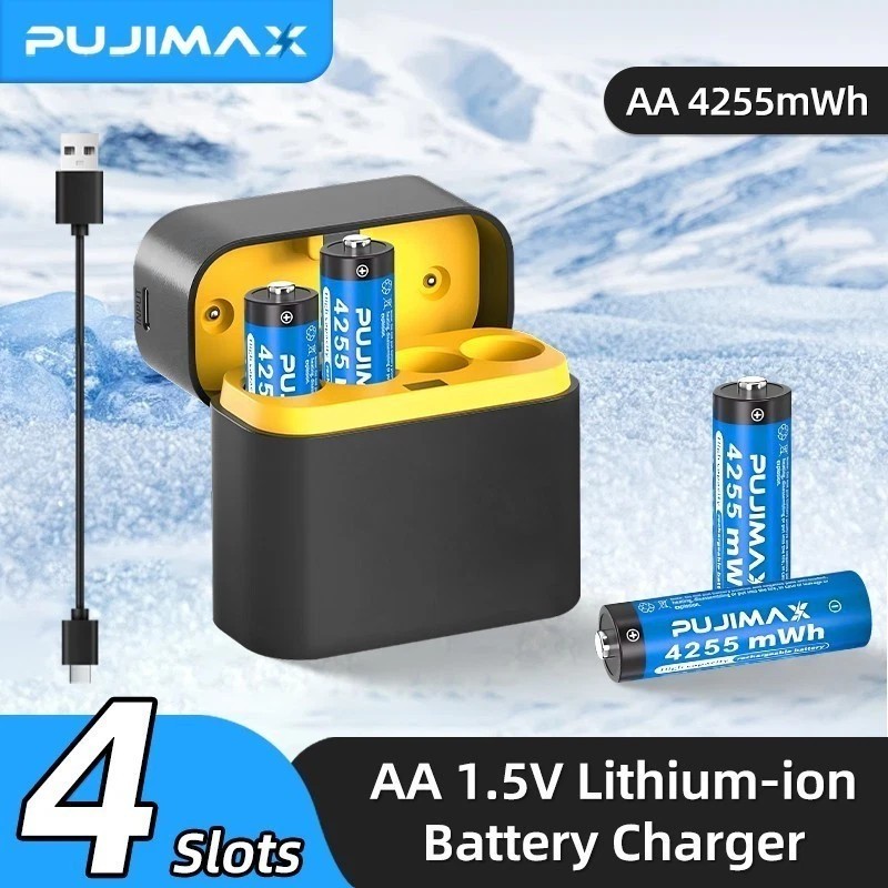 4 Pack 4255mWh AA 1.5V Rechargeable Lithium Batteries + Fast Charger Box NEW