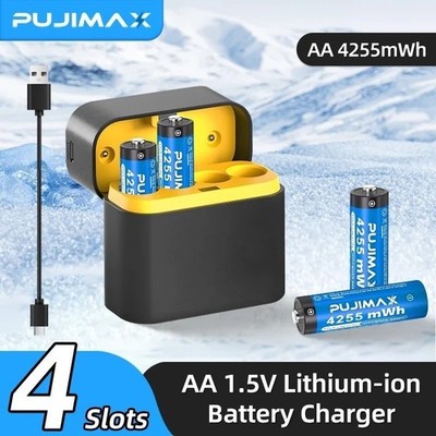 4 Pack 4255mWh AA 1.5V Rechargeable Lithium Batteries + Fast Charger Box NEW