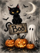 Halloween Cat Diamond Art Kits for Adults, 5D Ghost Diamond Painting Kits