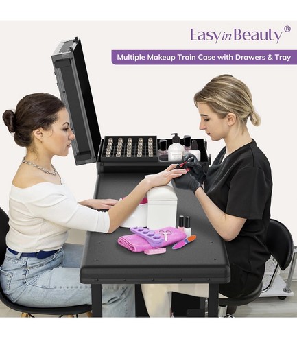 Easy in Beauty Black Aluminum Rolling Makeup Trolley Case with Drawers & LED Mi…