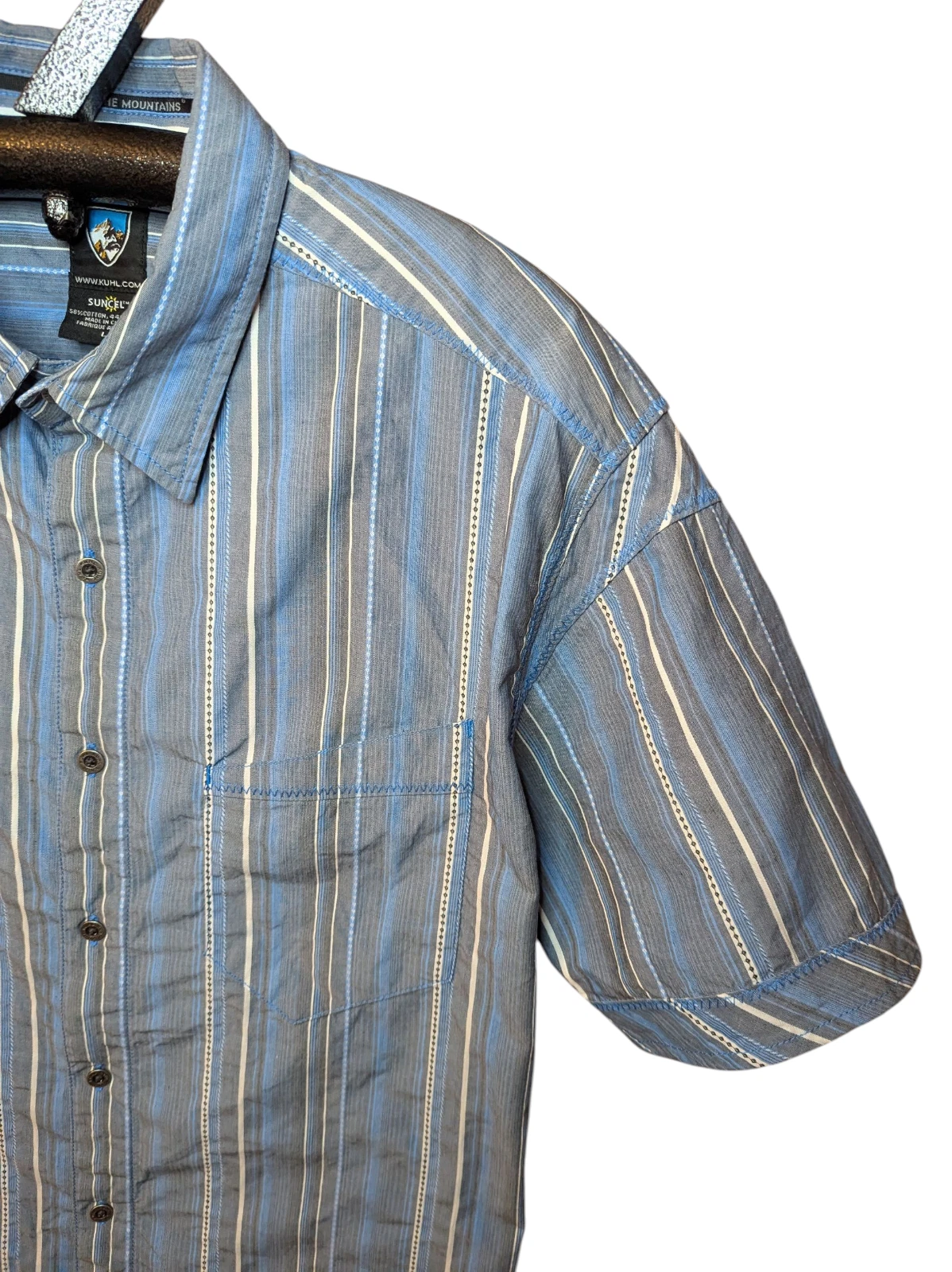 KUHL Suncel Short Sleeve Button Up Shirt Mens Size LARGE Blue Striped Hiking