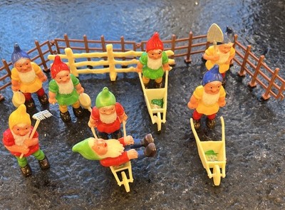 Vtg Lot 8 Hong Kong Plastic Gnome Elves Dwarfs Cake Toppers Wheelbarrows Garden