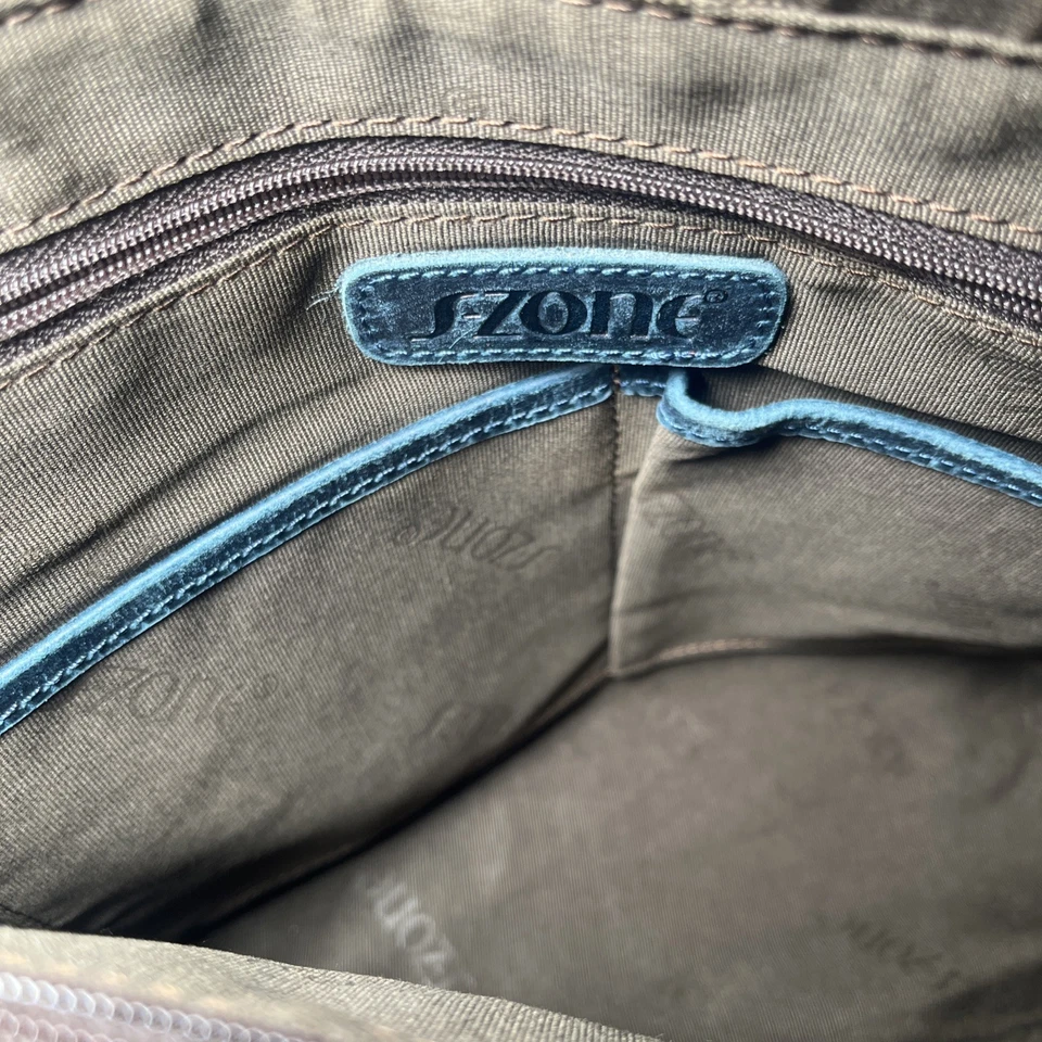 S-Zone Leather Work Laptop Travel Tote Bag Blue Top Zipper w Trolley Strap - Image 4 of 4