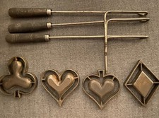 Vintage Wagner 7pc Rosette Cast Iron Handle Waffle Cake Cookie Molds Baking Bake