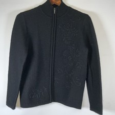 Karen Scott Womens 100 Wool Embroidered Black Cardigan Size S Quiet Luxury