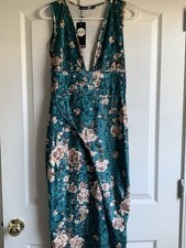 boohoo Velvet Floral Bodycon Midi Dress V-Neck Sleeveless Evergreen US 8