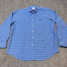 Brooks Brothers Shirt Mens Large Blue Plaid Button Up Collared Non-Iron Stretch