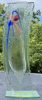 Modernist 14'' Fused Glass Vase w/ Abstract Design Clear Blue Orange Red
