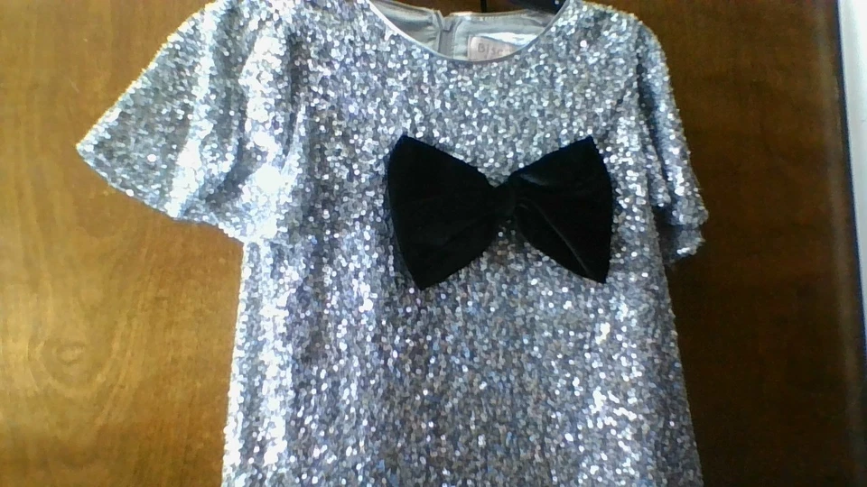 SILVER BLING Biscotti Collezion Sequin Dress Girls Sz 8 Lined Black Bow SSlv - Image 3 of 4