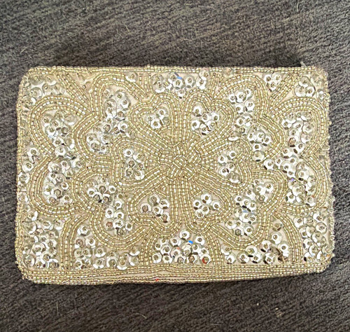 La Regale Silver Floral Beaded Sequin Zip Clutch Evening Bag Handmade
