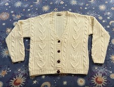 Vintage L.L. Bean Women's Cream Cable Knit Wool Fisherman Cardigan Sweater M