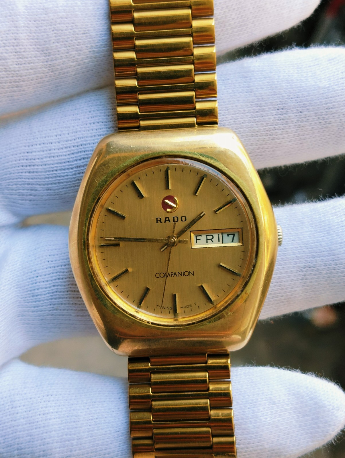 Men DAY/DATE Rado For Gold Watch Companion Wrist Swiss Plated Made LuxuryVintage - vintagewatches.pk