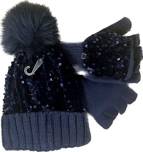 Justice Girls Navy Blue Sequin Beanie Snow Hat & gloves Set One Size - Picture 2 of 4