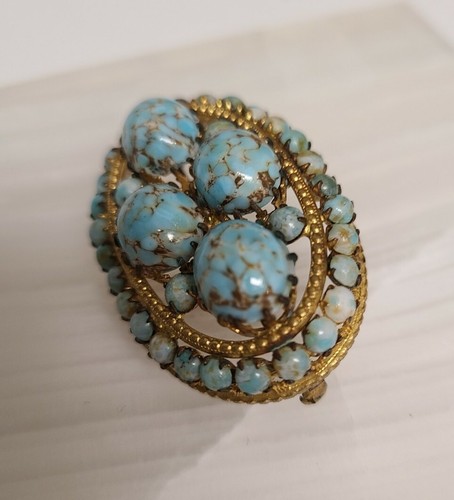Vintage Czech Turquoise Robin's Egg Blue Glass Gold Tone Brooch Pin, READ - Bild 3 von 8