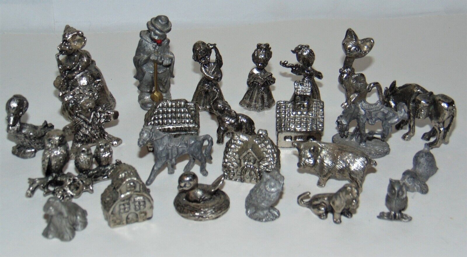 24 Vintage Pewter Miniature Figurine Lot Animals Dogs Houses People Rawcliffe +