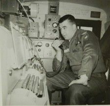 Vintage Military Photo US Army Soldier Inside Communication Truck Snapshot