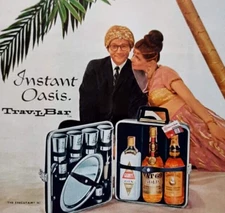 1968 Trav-L-Bar Vintage PRINT AD Alcohol Travel Suitcase Oasis Palm Tree Exotic