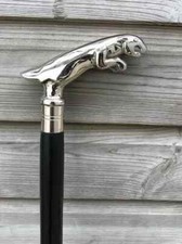 JAGUAR HEAD HANDLE WALKING STICK CANE SOLID WOODEN BLACK VINTAGE STYLE HANDMADE