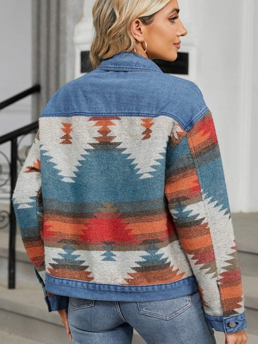 Geometric Button Up Long Sleeve Denim Jacket - Picture 2 of 7
