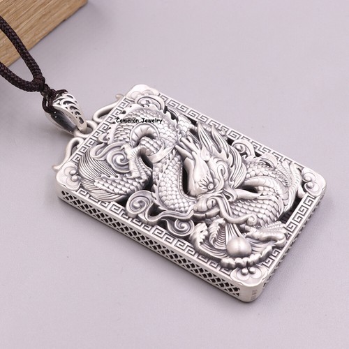 Pure S999 Fine Silver 999 Men Women Lucky Dragon Oblong Pendant 38-39g 67*38mm - Picture 4 of 8