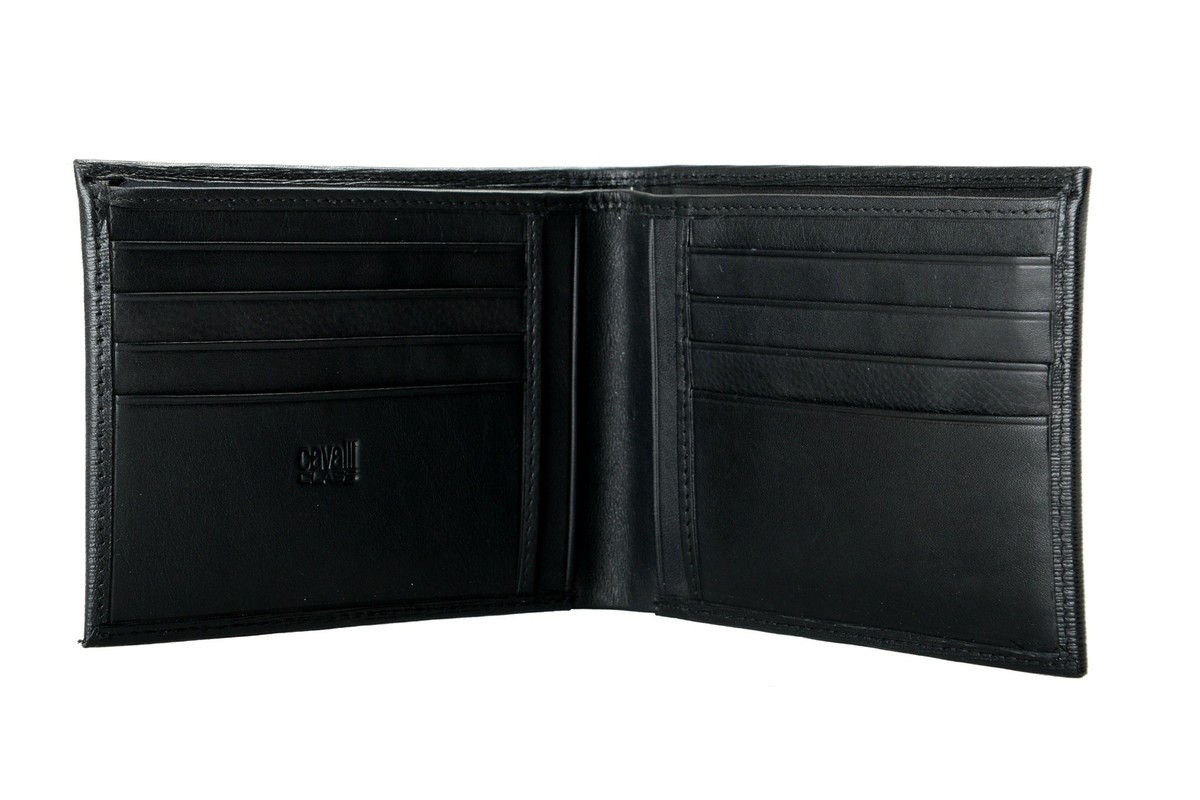 Cavalli Class Men's Black Logo Print Textured Leather Bifold