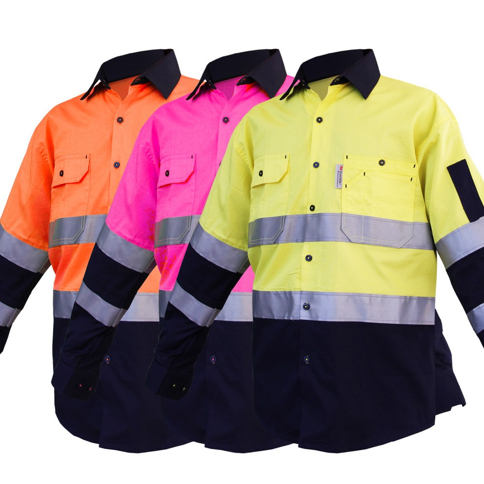 5x Hi Vis Shirts Light Cotton Workwear Long Sleeve Reflective Tape ...