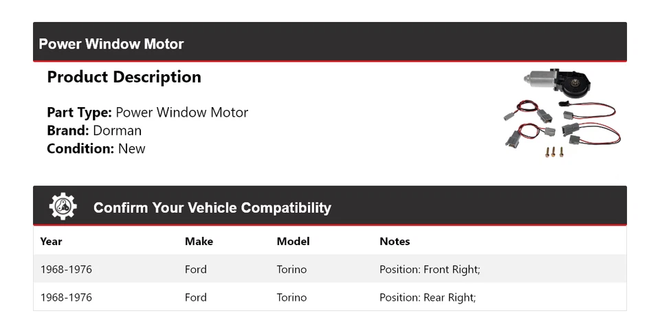 Motor de ventana eléctrica Ford Torino Dorman 1968-1976 1969 1970 1971 1972 1973 Foto 2 de 4