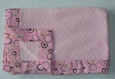 Miniville Layette Pink Fleece Baby Blanket Brown Flower Circle Dot Trim
