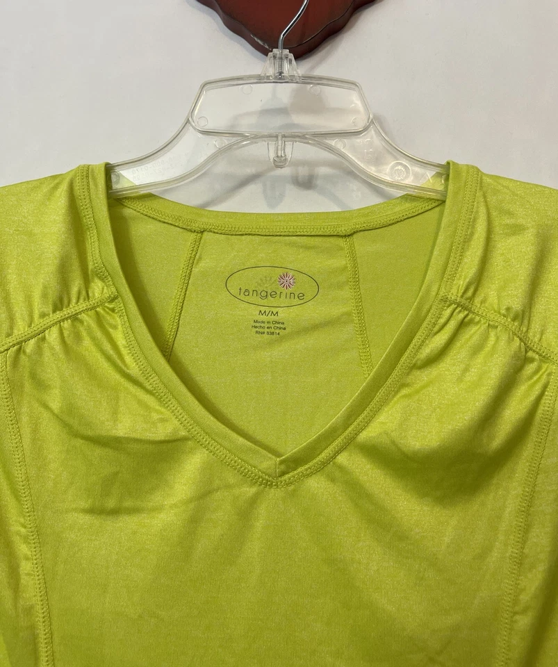 ¡Camisa atlética de manga larga con cuello en V verde neón mediana para mujer Tangerine! A6647 Foto 3 de 4