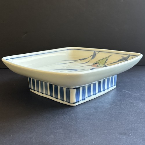 Vtg Gump’s Pedestal Porcelain Square Dish Bowl Hand Painted King Fisher Bird 8” - Picture 17 of 24
